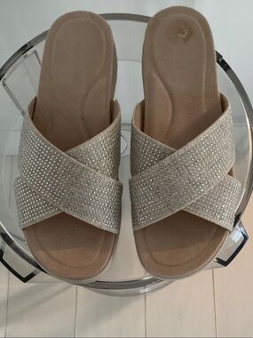 Easy Spirit Crystal-Embellished Crossband Slide Sandals - Beige